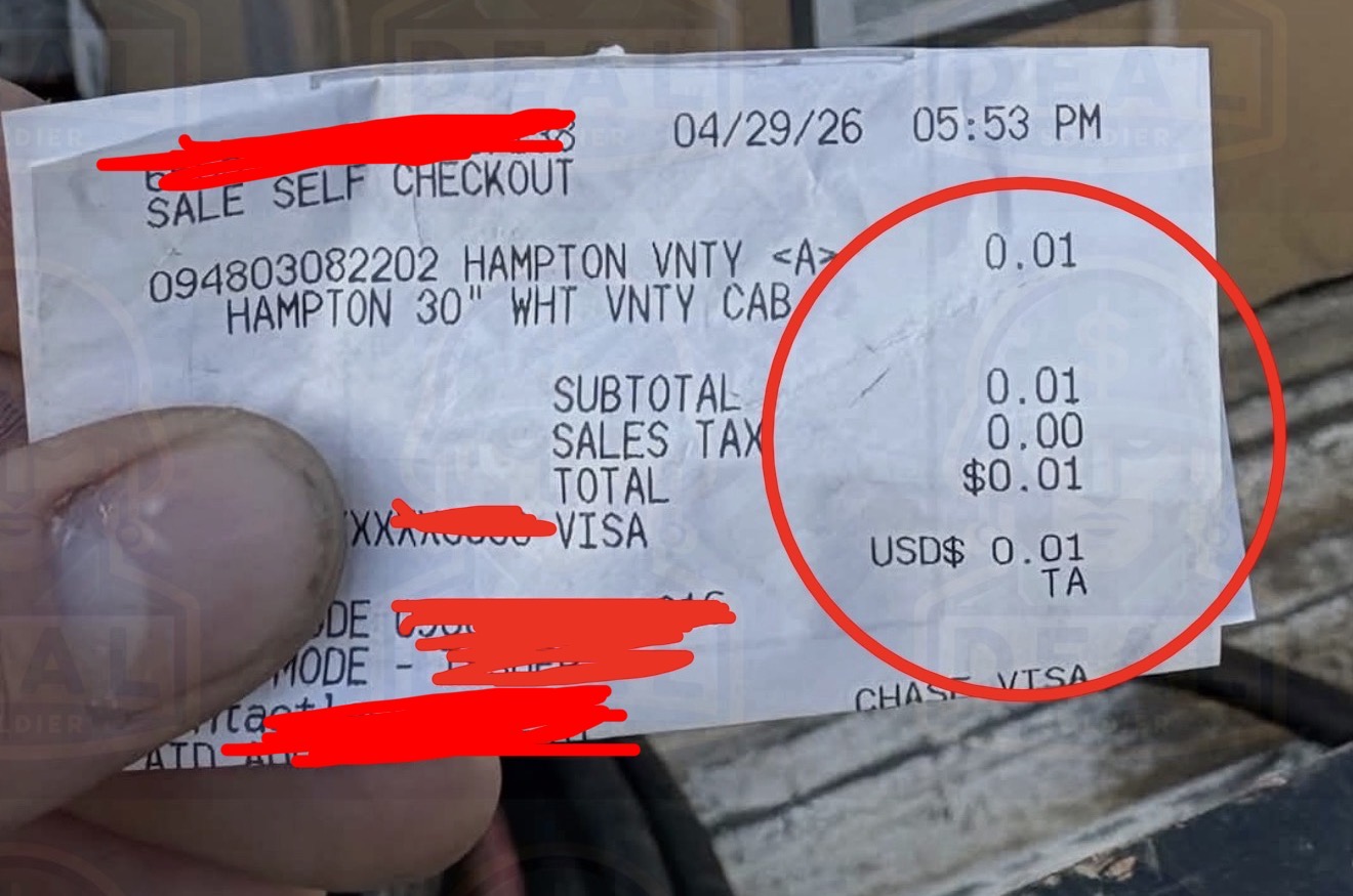 Receipt close-up showing one Hampton 30 inch white vanity cabinet at $0.01 total, paid by Visa.
